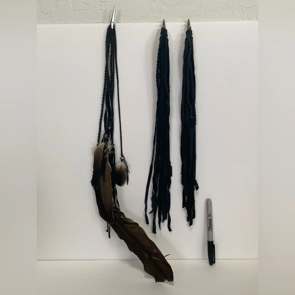 OOAK black leather feather tribal clip set. Festival Burning Man style